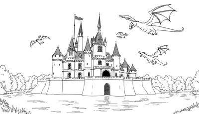 Château médiéval sur une île avec des dragons amicaux dans le ciel, illustration en noir et blanc pour un color panel.