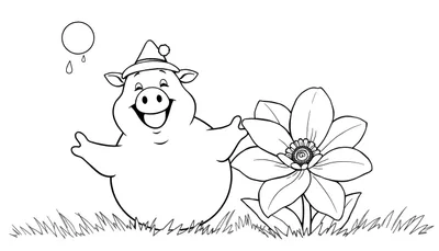 Un cochon de dessin animé joyeux avec un bonnet souriant à côté d'une grande fleur sous un soleil pluvieux.