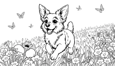 Un corgi joueur court dans un champ de fleurs colorées, avec des papillons et des oiseaux dans le ciel. Le dessin au trait est parfait pour une page à colorier.