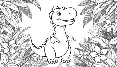 Dessin au trait d'un dinosaure mignon et souriant dans une jungle avec un color panel.
