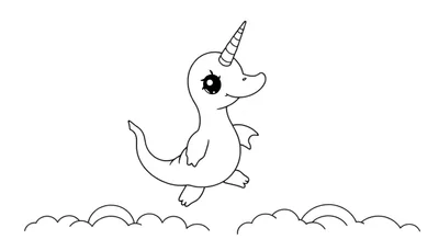 Dessin au trait d'une créature ressemblant à un dinosaure licorne flottant avec une corne rayée et un gros œil, au-dessus de nuages ondulés.