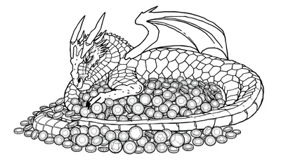 Un dragon dessiné au trait dort sur un tas de pièces d'or, prêt à être colorié.