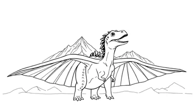 Dessin au trait d'un dragon souriant avec des montagnes en arrière-plan et un color panel.
