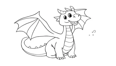 Un dragon de dessin animé souriant avec des anneaux, des ailes déployées et des bulles.