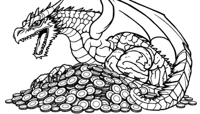 Dessin au trait noir et blanc d'un dragon gardant des pièces de monnaie, prêt pour le coloriage.