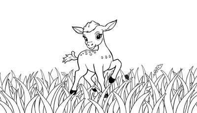 Dessin au trait d'un faon dans un champ d'herbe, prêt à être colorié.