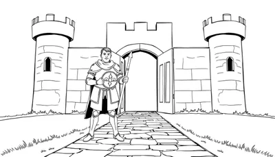 Garde en armure devant un château avec une lance et un bouclier.