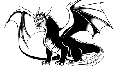 Un dragon noir et blanc assis, les ailes déployées, prêt à être colorisé.