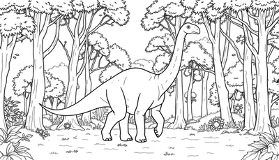 Un dessin au trait d'un dinosaure herbivore à long cou, probablement un Brachiosaurus, marchant dans une forêt dense, prêt pour le color panel.