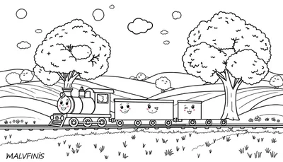 Dessin au trait d'un train souriant traversant un paysage rural avec des arbres et des collines, destiné au coloriage.