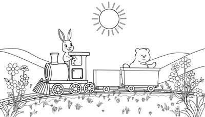 Panneau de coloriage d'un train de dessin animé conduit par un lapin avec un ourson dans le wagon, traversant un paysage rural ensoleillé.