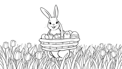 Dessin au trait noir et blanc d'un lapin de Pâques tenant un panier d'œufs décorés, entouré d'herbe et de tulipes, parfait pour un color panel.