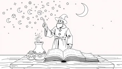 Un magicien noir et blanc agitant sa baguette d'où sortent des étoiles, près d'une table avec un livre ouvert et un vase fumant.
