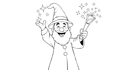 Un magicien joyeux dessin au trait lançant des étoiles.
