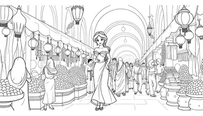 Une femme dans une robe longue au milieu d'un marché animé avec des étals de nourriture et des lanternes.