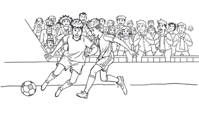 Dessin au trait de deux joueurs de soccer courant après un ballon, avec une foule encourageante derrière une clôture.