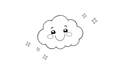 Un nuage souriant en noir et blanc entouré d'étoiles.