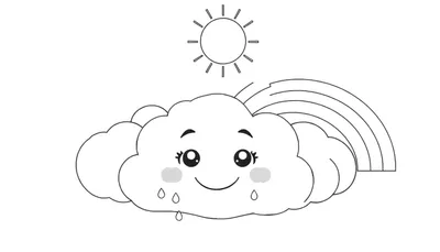 Un nuage souriant avec un arc-en-ciel et un soleil, avec des gouttes de pluie.