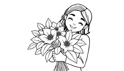 Dessin au trait d'une jeune fille souriante avec des taches de rousseur tenant un bouquet de fleurs avec un panneau de coloriage.