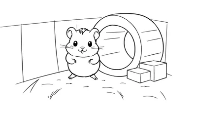 Dessin au trait d'un hamster debout dans sa cage, avec une roue et des blocs.