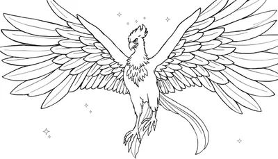 Un dessin au trait d'un phénix majestueux déployant ses ailes, entouré d'étoiles scintillantes.