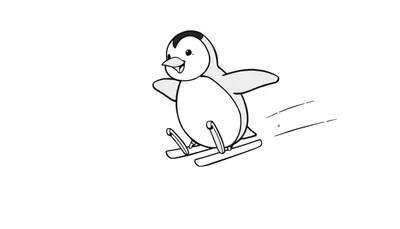 Un dessin en noir et blanc d'un pingouin souriant faisant du ski, avec des lignes de mouvement derrière lui.