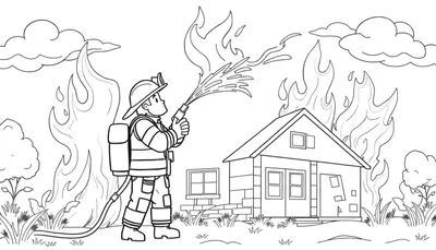 Un pompier courageux arrose une maison en feu avec un jet d'eau puissant, color panel.