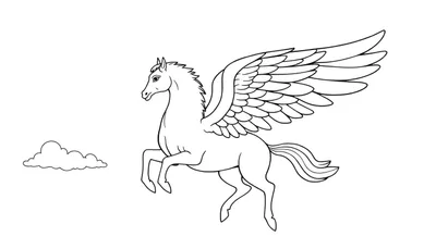 Dessin au trait d'un Pégase blanc en vol avec des ailes déployées et un nuage.