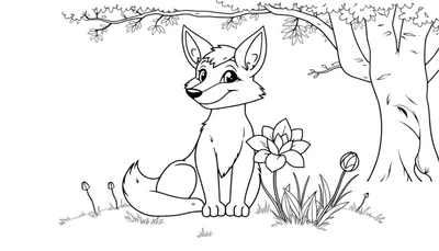 Un renard souriant assis près d'une fleur dans un color panel.