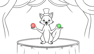 Une illustration en noir et blanc d'un renard anthropomorphe portant une haute-forme, tenant une boule rouge et une boule verte, sur une scène.
