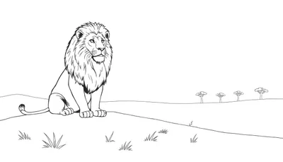 Un lion dessiné en noir et blanc, assis sur une butte d'herbe, dans un style croquis.