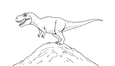 Dessin au trait d'un Tyrannosaure Rex souriant perché sur une colline.