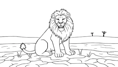 Un lion au trait noir et blanc assis sur un sol craquelé sous un ciel vide.