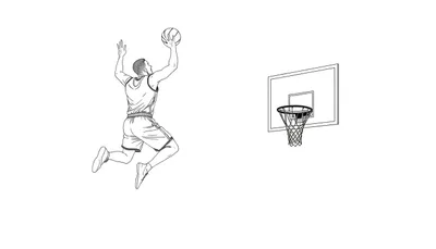 Un joueur de basketball saute pour marquer, vu de dos, sur un color panel noir et blanc.