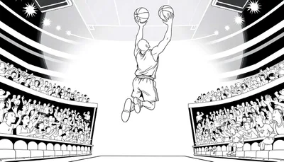 Dessin en noir et blanc d'un joueur de basket-ball en plein saut tenant un ballon dans chaque main, au-dessus d'un terrain de basket bondé, color panel.
