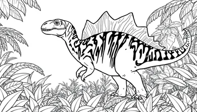Dessin au trait noir et blanc d'un dinosaure Spinosaure avec une grande voile dorsale dans une jungle luxuriante avec des feuilles et des plantes tropicales. C'est une image à colorier.
