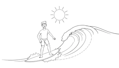 Dessin au trait d'un surfeur souriant sur une vague sous un soleil jaune.