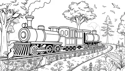 Un train à vapeur traversant un paysage luxuriant avec des fleurs et des arbres, un dessin au trait prêt à être colorisé.