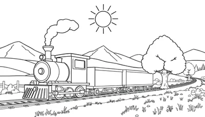 Un dessin au trait d'un train à vapeur traversant un paysage vallonné.