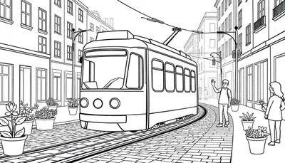 Dessin au trait noir et blanc d'un tramway moderne sur une rue pavée avec des passants et des bâtiments.
