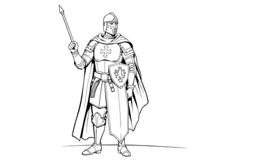 Chevalier en armure dessiné dans un style de bande dessinée, tenant une lance.
