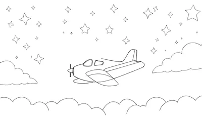 Un avion de dessin au trait avec une hélice vole dans un ciel étoilé avec des nuages, un design color panel.