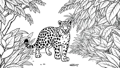 Un dessin au trait noir et blanc d'un jaguar souriant dans une jungle luxuriante, avec des feuilles et des arbustes détaillés.