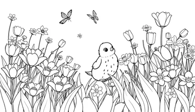 Un dessin au trait noir et blanc d'un oiseau rond avec des taches sur la poitrine, perché dans des herbes hautes avec des tulipes, des marguerites et des papillons dans un color panel de printemps.