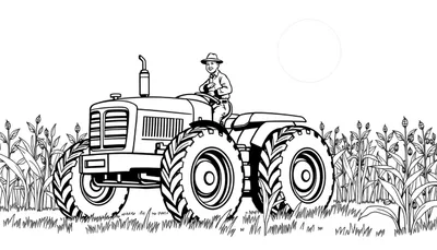 Un dessin au trait d'un tracteur rouge dans un champ de maïs avec un fermier souriant. Un color panel pour le coloriage.