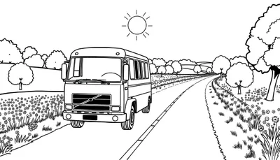 Dessin au trait d'un bus Volvo sur une route de campagne ensoleillée, avec des arbres et des fleurs.