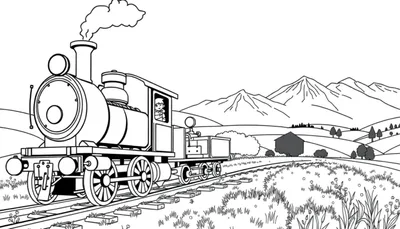 Un train à vapeur dessiné au trait, se dirigeant vers la gauche, avec un conducteur dans la cabine, de la fumée sortant de la cheminée et traversant un paysage de collines avec un bâtiment.