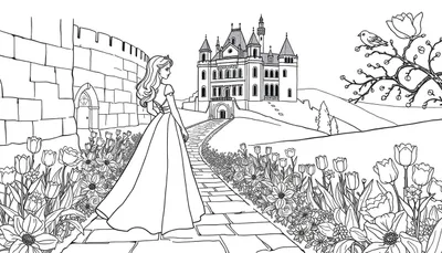 Princesse se dirigeant vers un château, entourée de fleurs et d'un arbre avec un oiseau, dessin en noir et blanc pour coloriage.