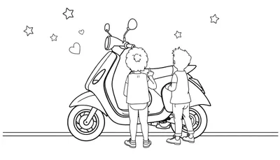 Deux enfants regardent un scooter rouge vif dans un dessin au trait, avec des étoiles et des cœurs flottant au-dessus, color panel.