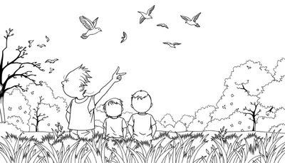 Un dessin au trait d'enfants regardant des oiseaux dans un paysage.